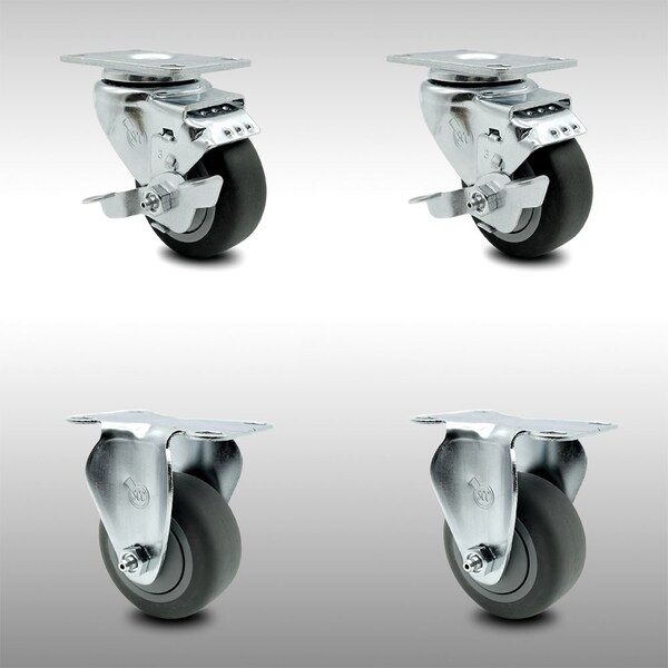 3 Inch SS Thermoplastic Rubber Wheel Top Plate Caster Set with 2 Brake 2 Rigid